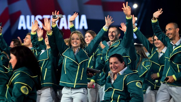 Australian athletes celebrate the start of the 2014 Commonwealth Games. (Getty)