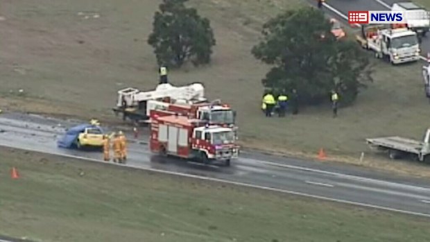 The accident occurred just before 7am this morning on the Western Highway near Bacchus Marsh. (9NEWS)