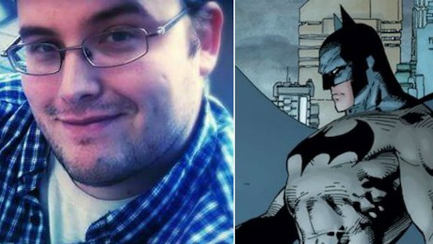 Stephen Merrill, 31, died suddenly earlier this month and his obituary claimed he had been killed by an uppercut from comics superhero Batman. (Supplied)