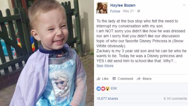 Ms Bazen's 3-year-old son Zackary was criticised for wearing a Disney princess dress. (Facebook/Haylee Bazen)