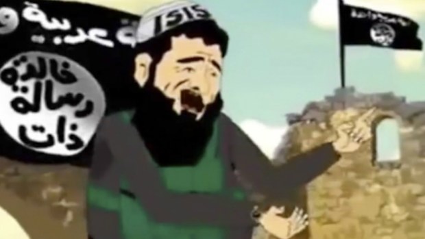 In this image made from a cartoon broadcast on state-run al-Iraqiya TV in Iraq, a cartoon character portrayed as a member or a supporter of the Islamic State group sings a song. (AP)