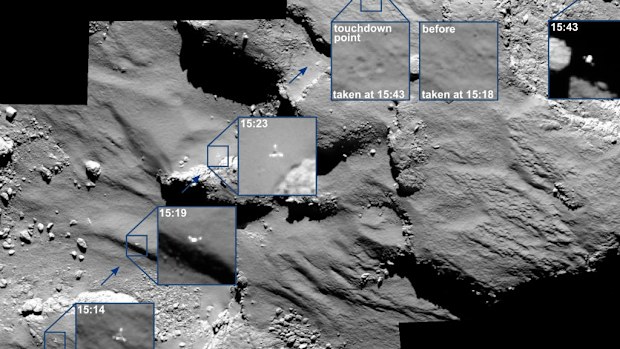 The journey of Rosetta’s Philae lander as it approached and then rebounded from its first touchdown on Comet 67P/Churyumov–Gerasimenko. (ESA)