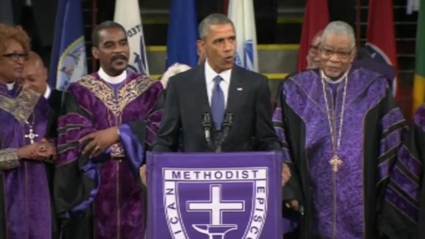 US President Barack Obama eulogizes the pastor slain in a South Carolina shooting massacre. (9NEWS)