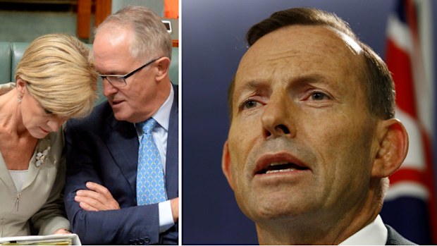 Julie Bishop and Malcolm Turnbull chat in parliament, and right, Prime Minister Tony Abbott. (AAP)