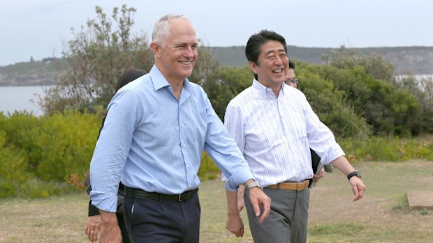 Prime Ministers Malcolm Turnbull and Shinzo Abe were all smiles ahead their meeting to discuss the Japan-Australia Economic Partnership Agreement. (AAP)