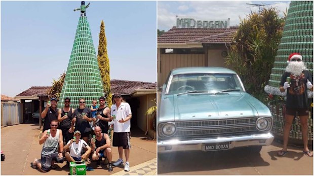 Perth man Wes Boyd has crafted a Christmas tree entirely from VB cans. (Wes Boyd)