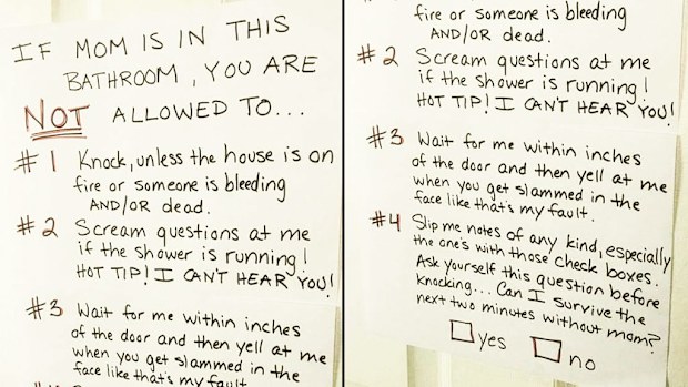 An anonymous note by a mother demanding reprieve from her children during bathroom time has gone viral. (Facebook/Mommas helping Mommas)