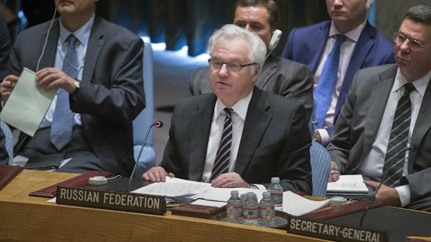 Russian U.N. Ambassador Vitaly Churkin speaks during a U.N. Security Council meeting at United Nations headquarters, Friday, July 18, 2014. (AAP)