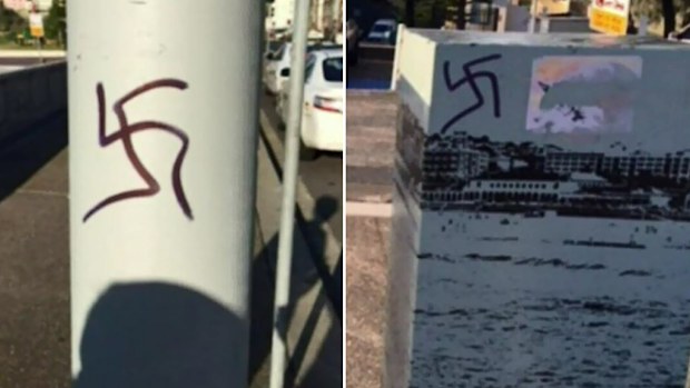 Swastikas at Sydney's Bondi Beach. (9NEWS)