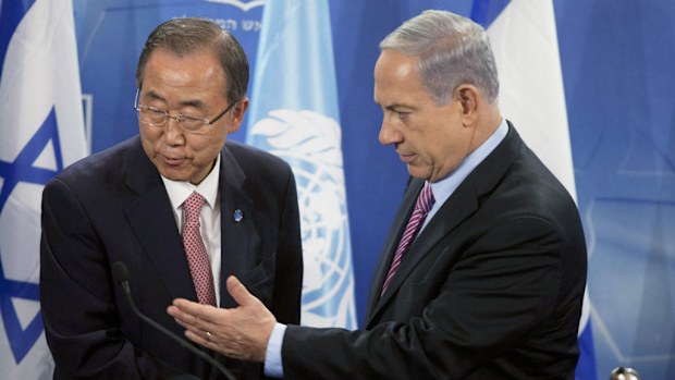 United Nations Secretary General Ban Ki- Moon and Israeli Prime Minister Benjamin Netanyahu shake hands after a press conference yesterday in Israel. 