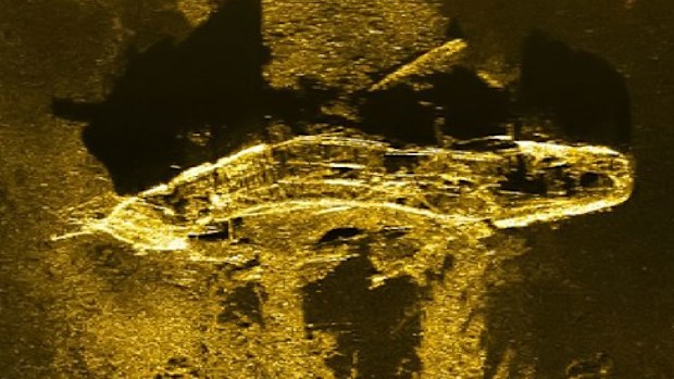 The sonar image of the shipwreck 3.7km underwater, picked up by an MH370 search vessel (Source: Australian Transport Safety Bureau)
