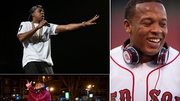 Jay Z (top left), Kanye West (bottom left) and Dr Dre (right) are popular American hip-hop figures. (AAP)