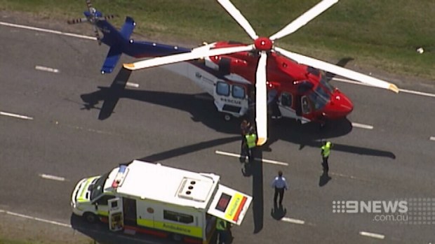  
The 10-year-old was airlifted to hospital after colliding with a car on the Mount Lindesay Highway at Gleneagle. (9NEWS)
