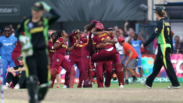 West Indies players celebrate their victory over Australia in the final of the ICC Women's World Twenty20. (AAP)