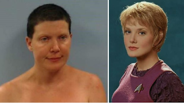 Jennifer Lien's mugshot (left) and playing Kes on Star Trek (right).