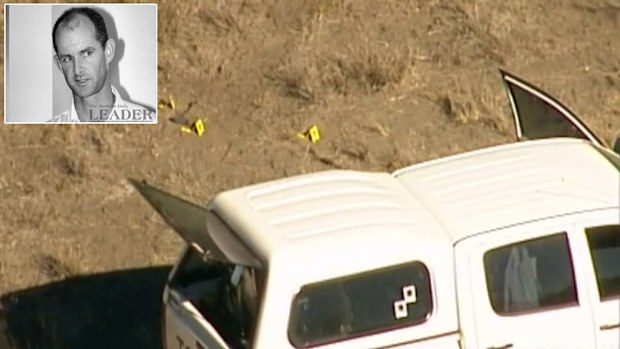 The location where murder accused Ian Turnbull allegedly fired several times towards environment department official Glen Turner, inset. Pictures: 9NEWS/Northern Daily Leader