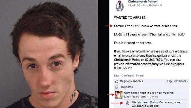 Sam Lake responded to police on the Christchurch Police Facebook page after a warrant was issued for his arrest. (Facebook)