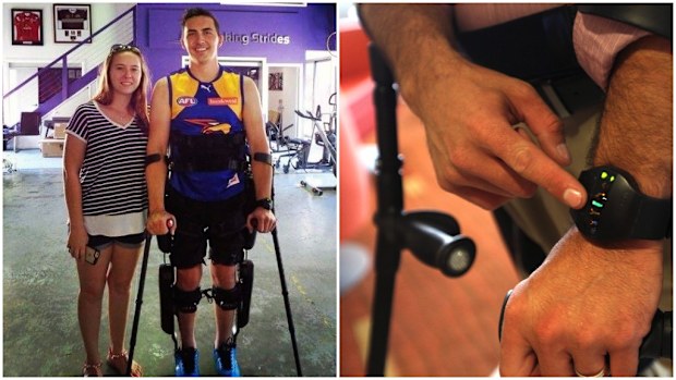 Conor McGrory on his ReWalker (left) and another version of the ReWalk technology using monitors (right). (Facebook/Conor McGrory and Joanne Rathe/The Boston Globe via Getty Images)