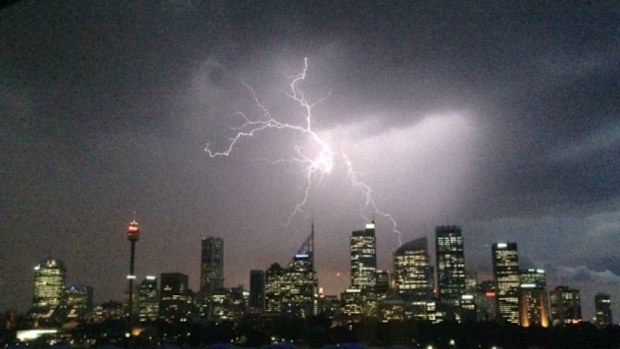 9News.com.au reader Jan Knapp took this photo of a lightning strike above Sydney's CBD. (Jan Knapp)