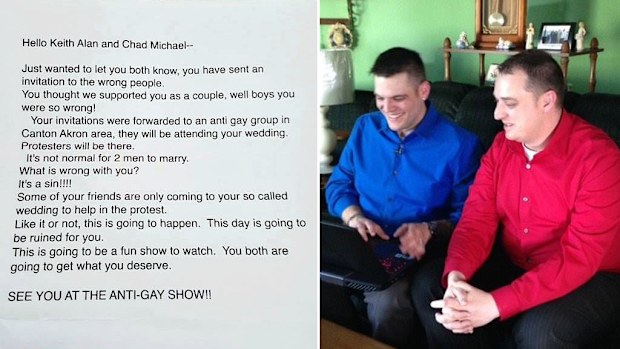 The hate-filled letter; Chad Michael Reinholz and his partner. (Chad Michael Reinholz/Facebook/WOIO)