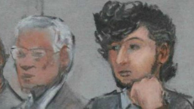 A courtroom sketch of Dzhokhar Tsarnaev during jury selection. 