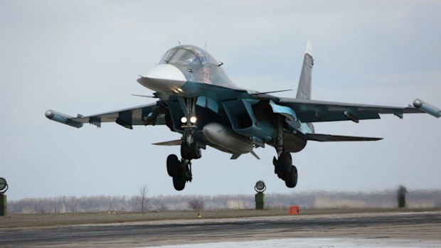 A Russian Su-34 bomber lands after returning from Syria. (AAP)