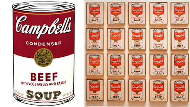 One of the stolen Andy Warhol Campbell Soup prints (left), and another collection of the prints. (FBI, AAP) 