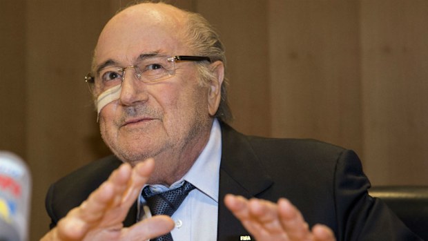 Sepp Blatter addresses to media during his press conference. (EPA/PATRICK B. KRAEMER)