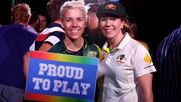 Australian cricketers Elyse Villani and Alex Blackwell aboard the Anti-Homophobia in Sport float during the Gay and Lesbian Mardi Gras in March. (AAP)