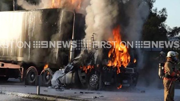 The truck caught fire just after 6:30am. (9NEWS)