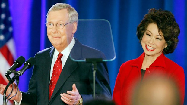 Republican Senator Mitch McConnell with wife Elaine Chao during victory celebrations in Kentucky. (AAP)