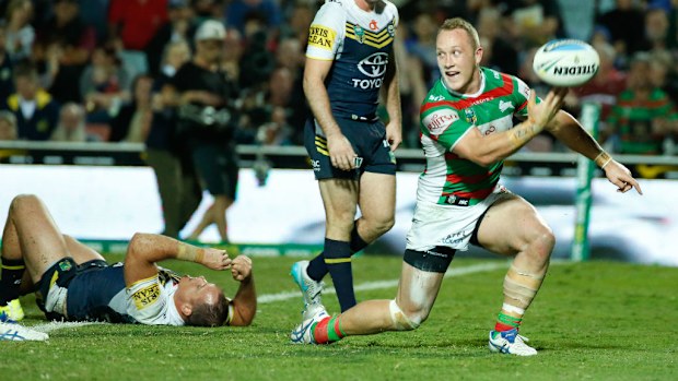Jason Clark of the South Sydney Rabbitohs celebrates a try. (AAP)