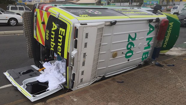 The ambulance crashed and flipped on Sturt and Marion Roads. (9NEWS)