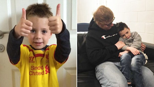 UK singer-songwriter Ed Sheeran has surprised a dying young fun with a "big cuddle". (Facebook/Ollie's Army Battling Against Battens)