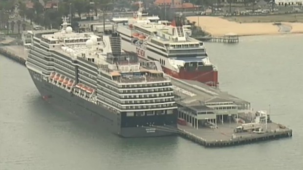 Two cruise ships have been evacuated at Station Pier as a precaution while police investigate a suspicious smell. (9NEWS)
