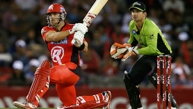 Aaron Finch smashes a ball away. (Getty)