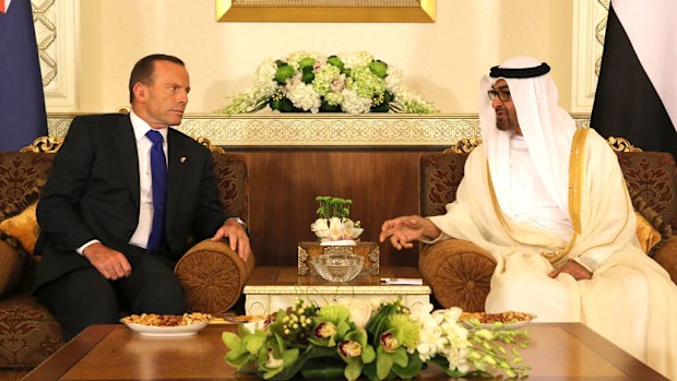 rime Minister Tony Abbott during talks with the Crown Prince of Abu Dhabi . (AAP)