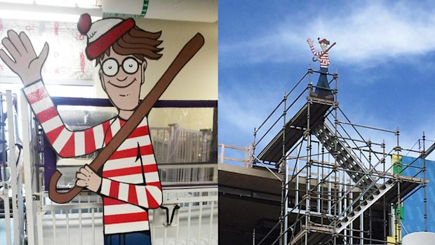 Jason Haney's "Wally" life-sized cut-out has been hidden at various locations around the construction site. (Facebook/Where's Waldo... Memorial Children's Hospital)