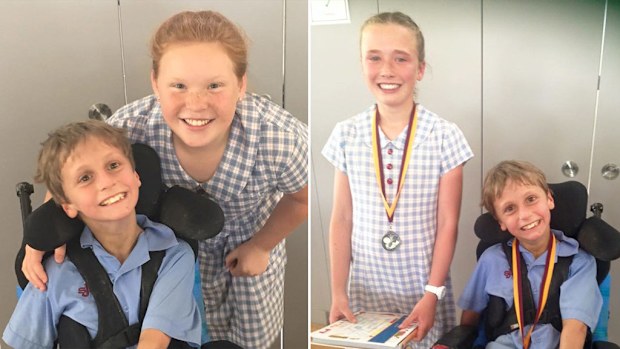 Jake Ballard with fellow school captain Georgia Dulley; Jake was also honoured with the St James Primary School's Resilience Award. (Kim Haylen/Facebook/Scott Dulley)