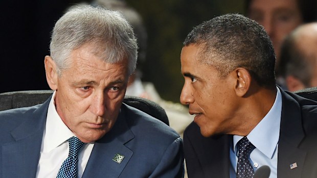 US President Barak Obama and US Secretary of Defense Chuck Hagel attend the NATO Summit in Wales. (EPA/ANDY RAIN)