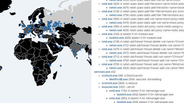 A still from a live map of global malware attacks; code revealing the presence of the Adylkuzz malware. (intel.malwaretech.com, www.proofpoint.com)