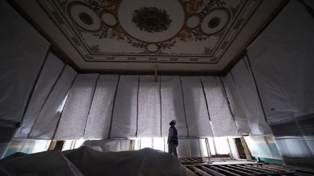 Here in the Centre Room, the delicate work of replacing aged wiring and plumbing continues.