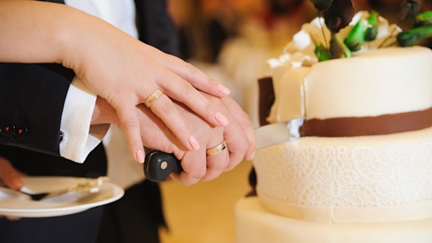 Bride and groom cutting wedding cake