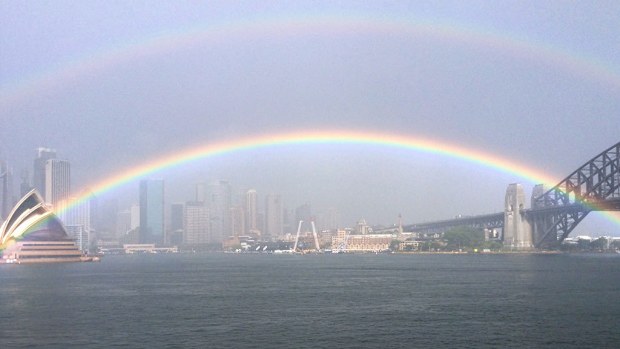 The double rainbow stretches across the harbour (courtesy: Jill Connell)