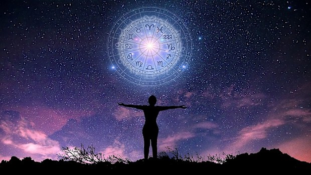 Zodiac signs inside of horoscope circle. 