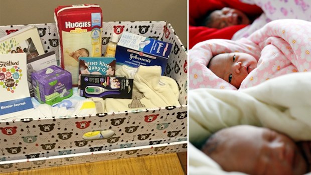 The baby box distributed by the University of Calgary (left), and some babies (right). (AAP)