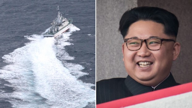 The Japan Coast Guard has patrolled and searched for debris from the four missiles fired by North Korea (left), and North Korean leader Kim Jong-Un (right). (AFP)