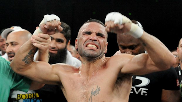 Anthony Mundine celebrates his win over Belarusian boxer Sergey Rabchenko. (AAP)