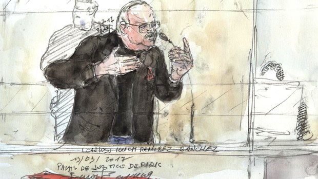 A court sketch shows Carlos the Jackal during his trial in France for the deadly bombing of the Drugstore Publicis in Paris more than 40 years ago. (AFP)