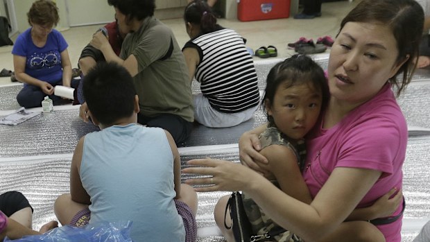 South Korean residents gather at a shelter in the South Korean town of Yeoncheon.
